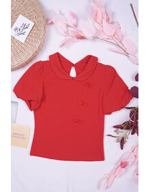 Back Keyhole Puff Sleeve Side Button Cheongsam Top (Red)